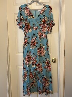 Light Blue Floral High-Low Dress